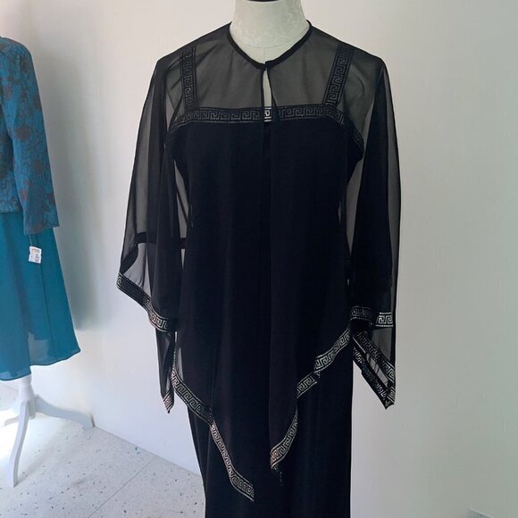 Vintage Womens Maxi Dress Cape Set Black Size Medium 70s Empire Waist Greek Trim - Picture 14 of 16